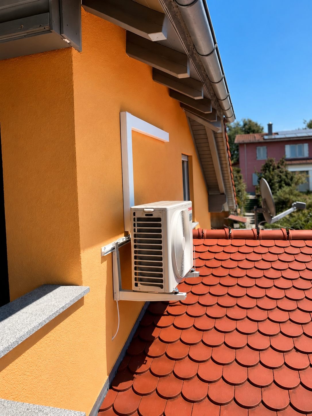 Air conditioning outdoor unit beside a house entrance