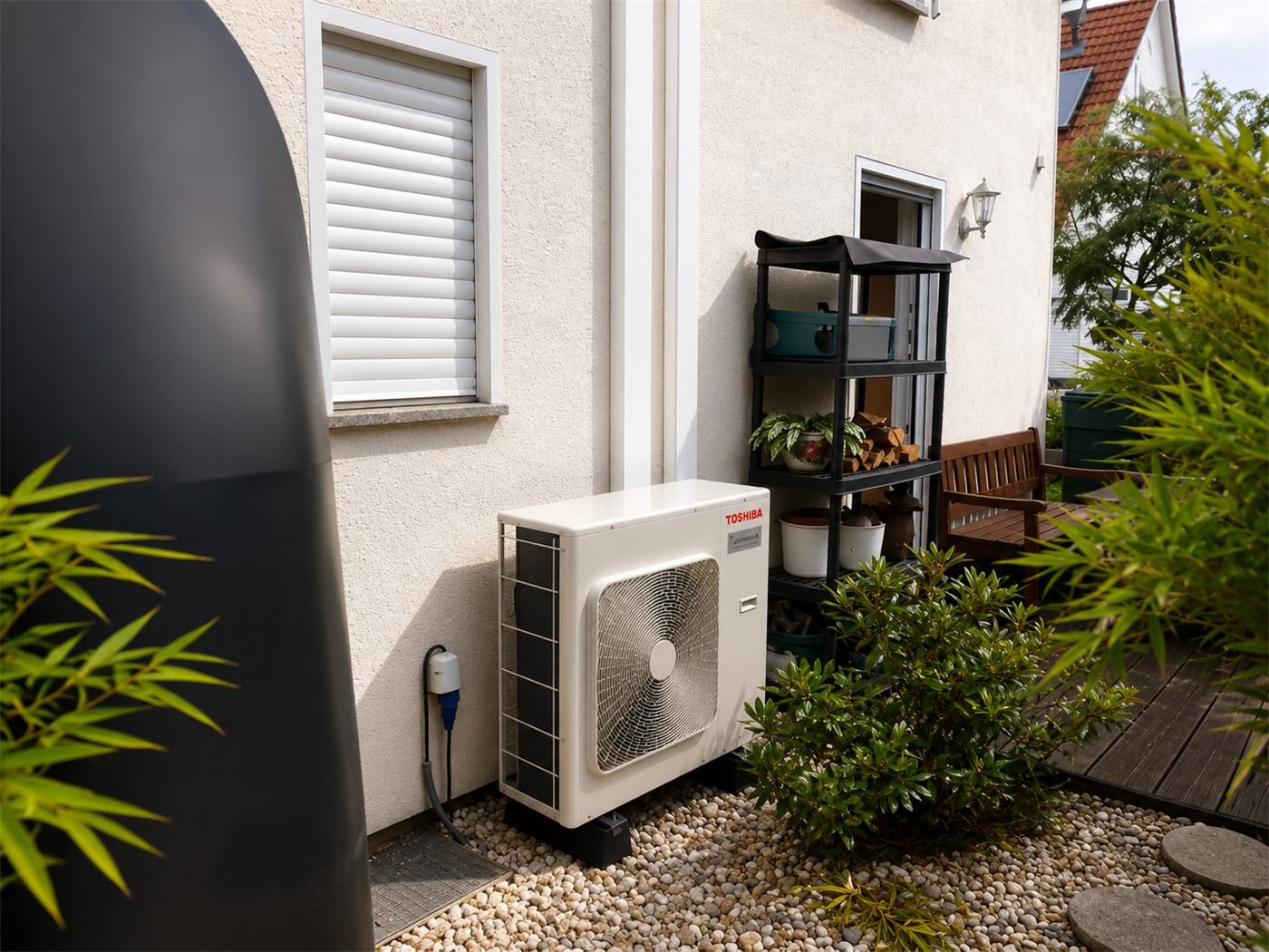 Air conditioning outdoor unit standing on a terrace