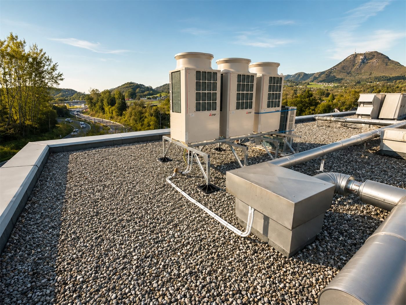 Air conditioning outdoor units of a commercial system mounted in a row