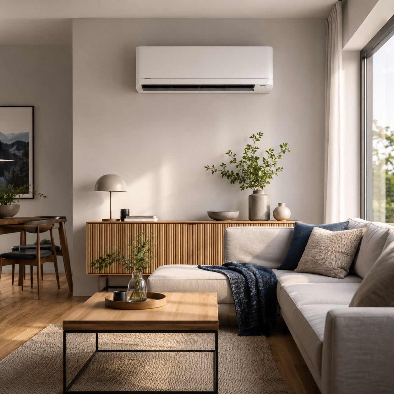 Modernes Wohnzimmer mit Klima-Innengerät