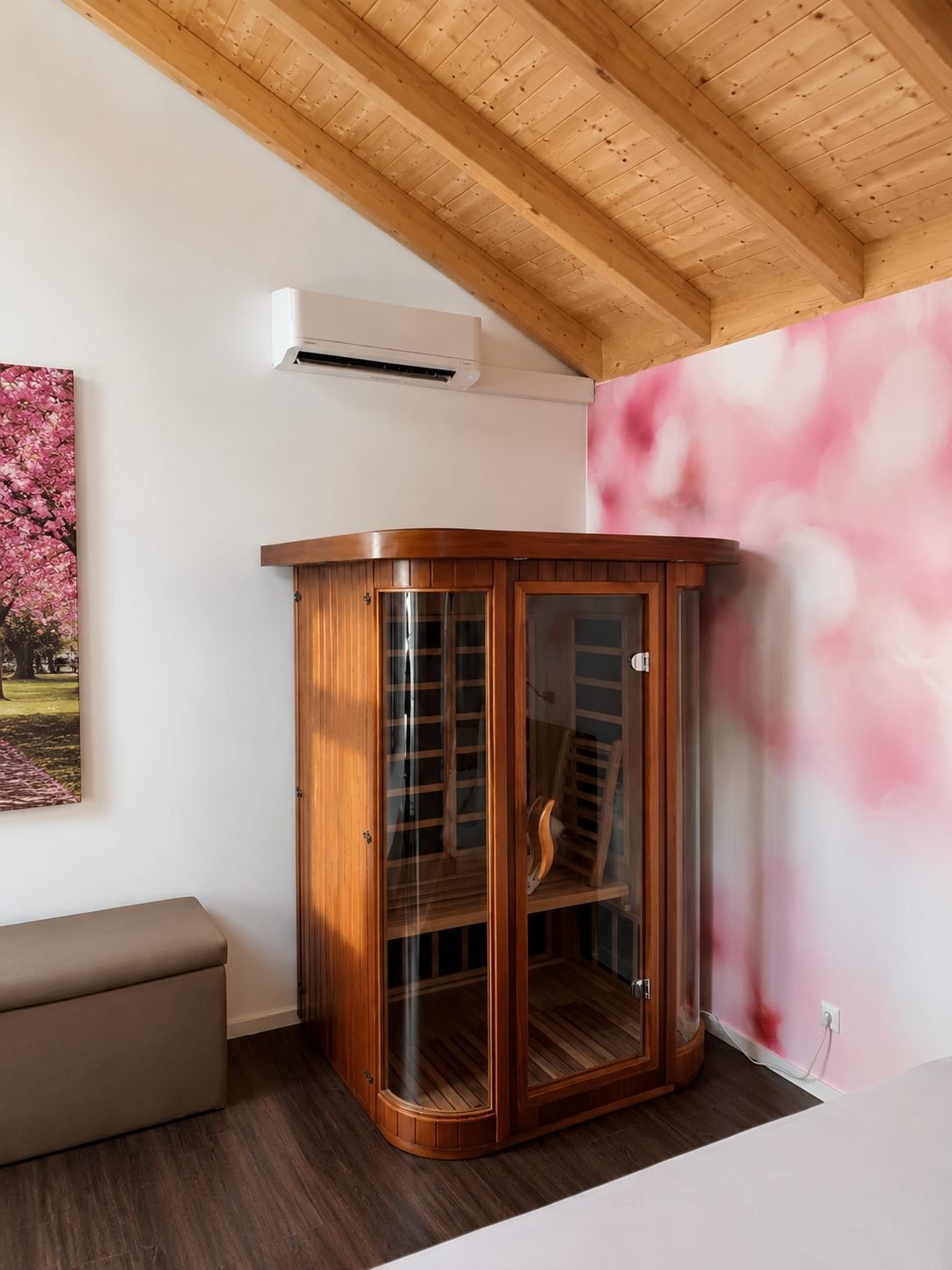 Air conditioning indoor unit in an attic room with balcony access