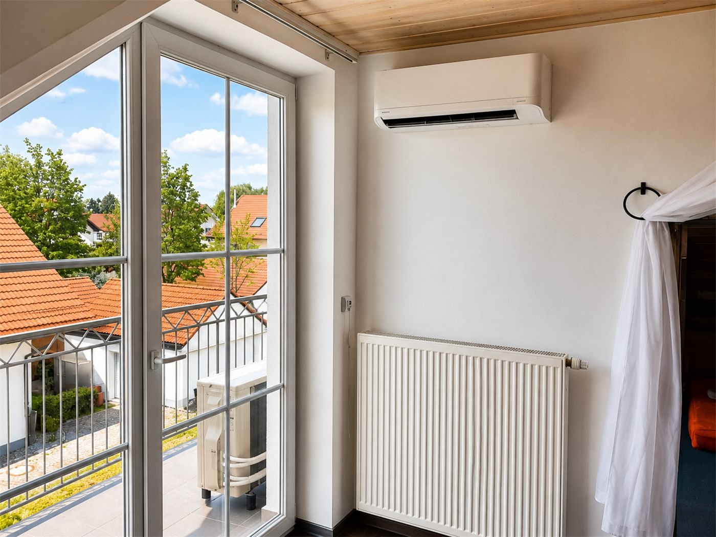 Air conditioning indoor unit mounted above a radiator
