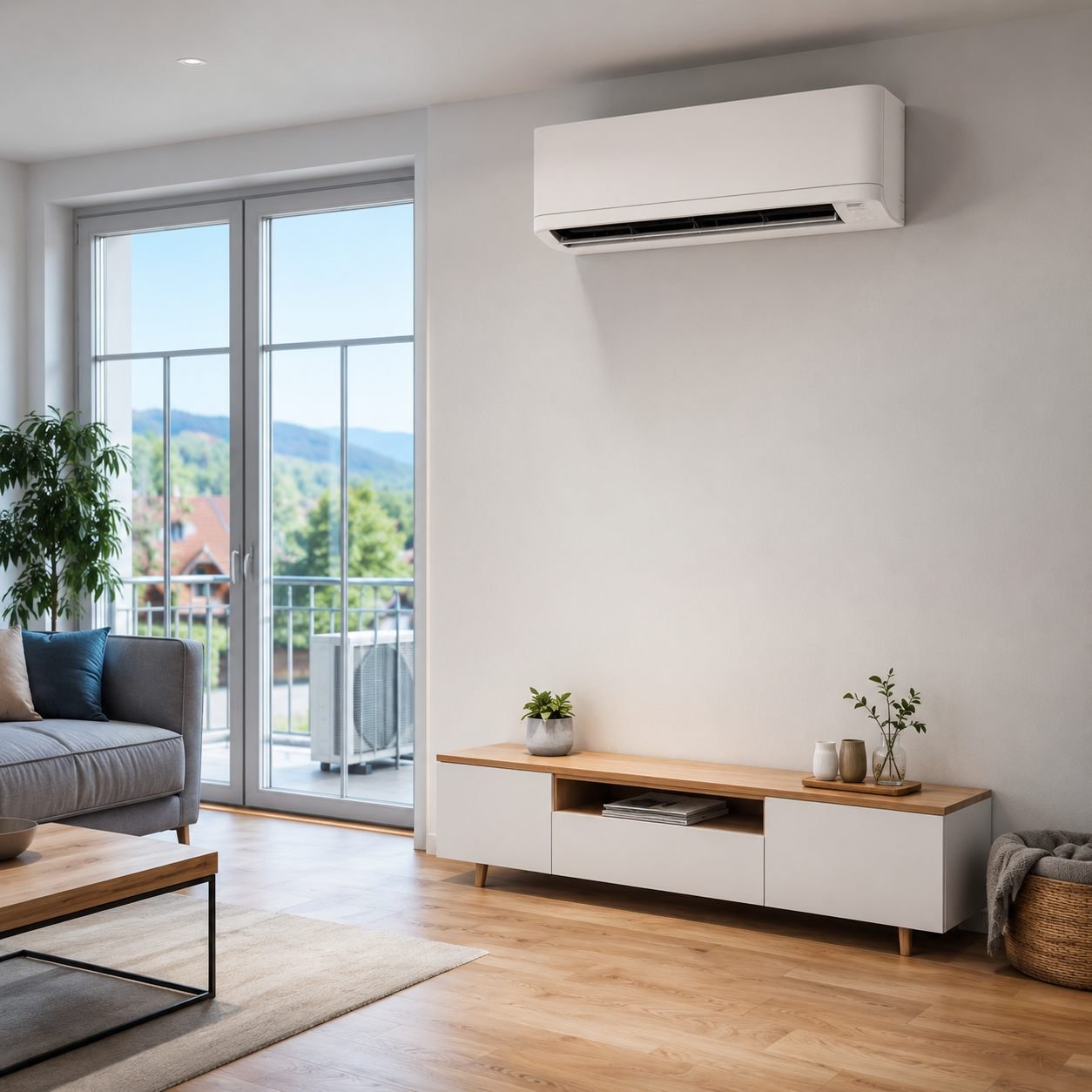 Air conditioning indoor unit in a bright living room